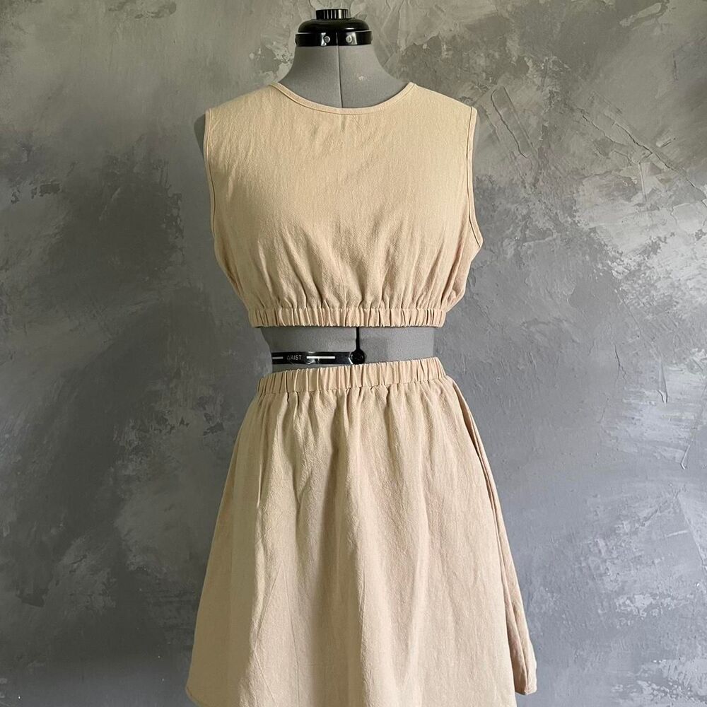 SHEIN Beige Two Piece Crop Top Skater Skirt Set Size Large Neutral